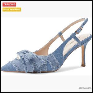 Pointed Toe Slingback Heels with Bow Pearl, 3.15" Kitten Heels Slip On Pumps